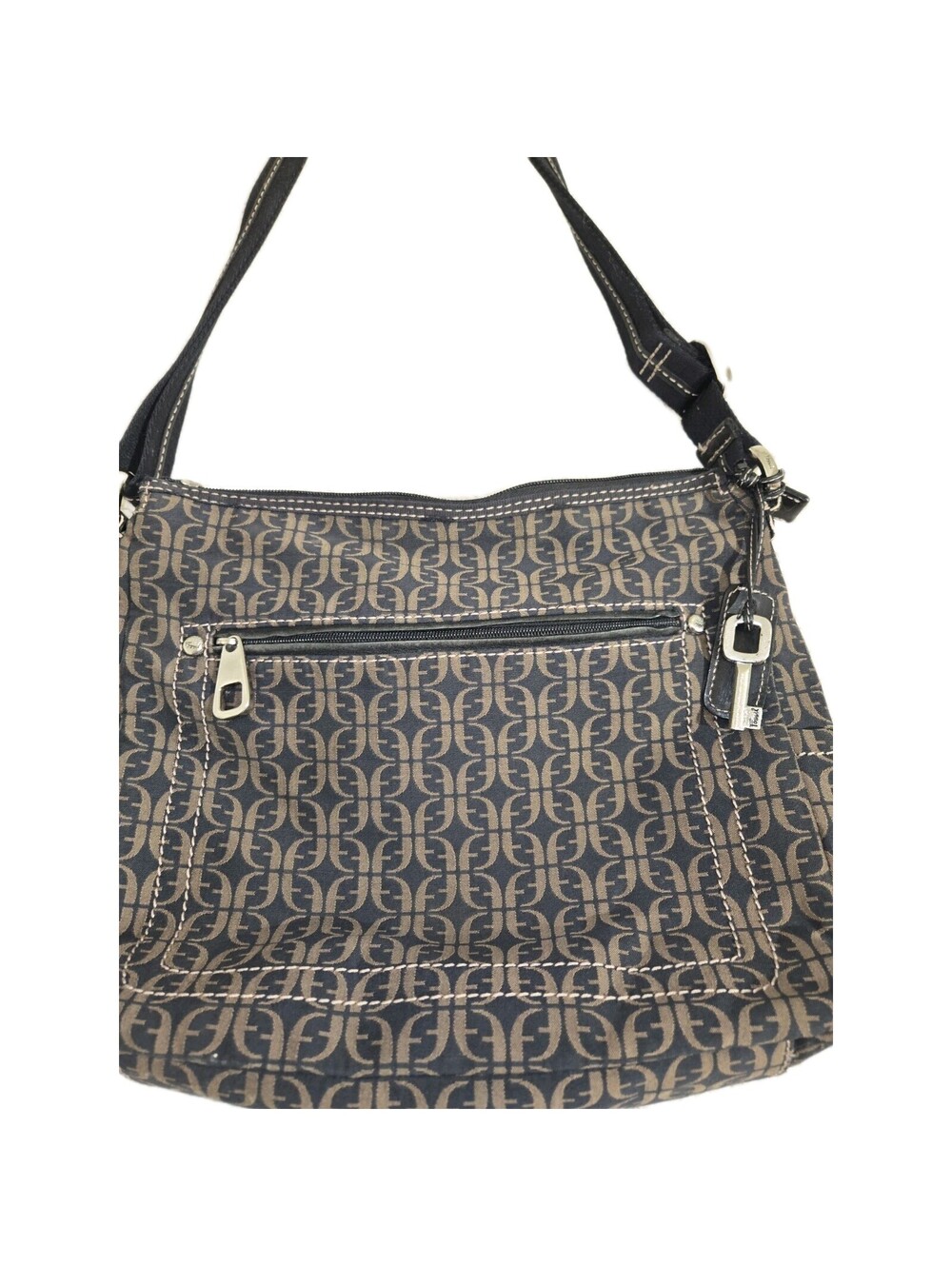 vtg fossil shoulder bag Brown Black Monogram Jacquard Leather Trim Y2k 90s